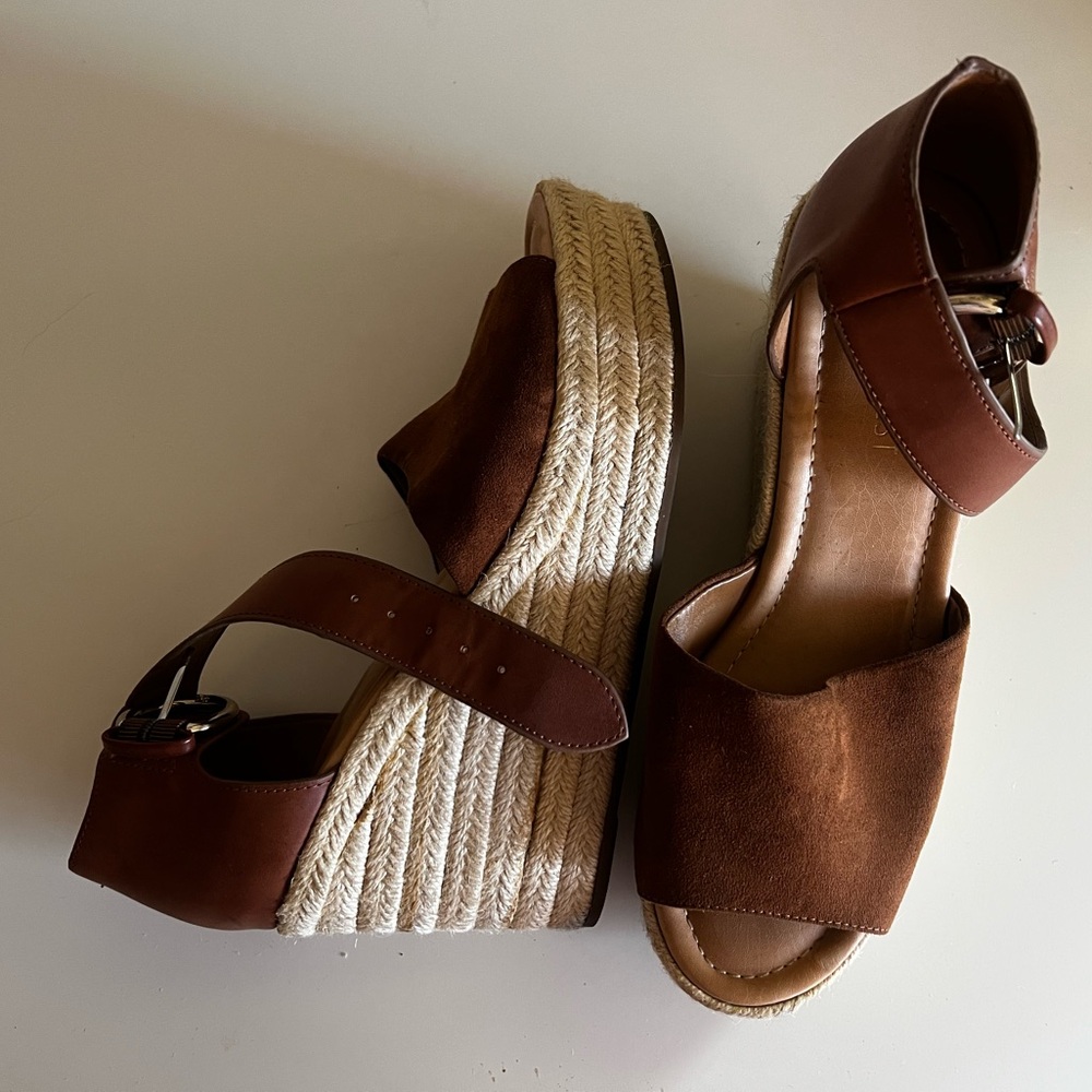 Nine West Brown Leather Wedge Sandals